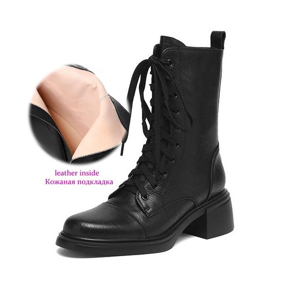 Krazing Pot Cow Skin Round Toe Thick Heels Motorcycle Boots Size 42 Lace Up Women Keep Warm Mid-calf Boots