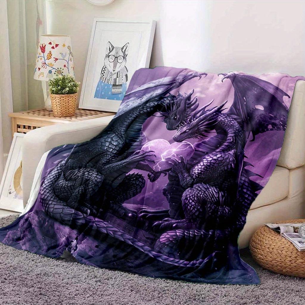 Purple Dragon Flannel Blanket – Intricate Double Dragon Design – Warm Cozy All-Season Throw – Perfect for Camping Sofa Bed