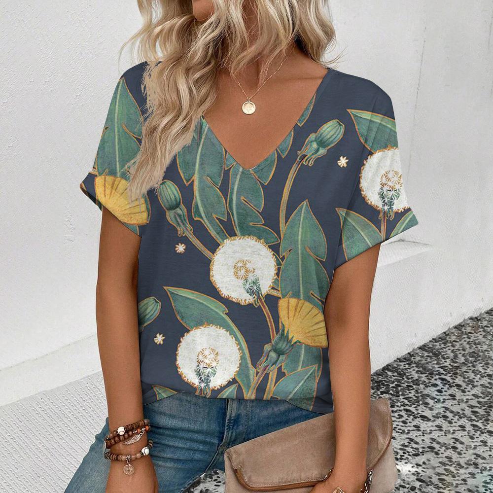 Женская футболка с коротким рукавом и V-образным вырезом Футболка с цветочным принтом в стиле ретро Модная футболка с коротким рукавом Летняя женская футболка для отдыха