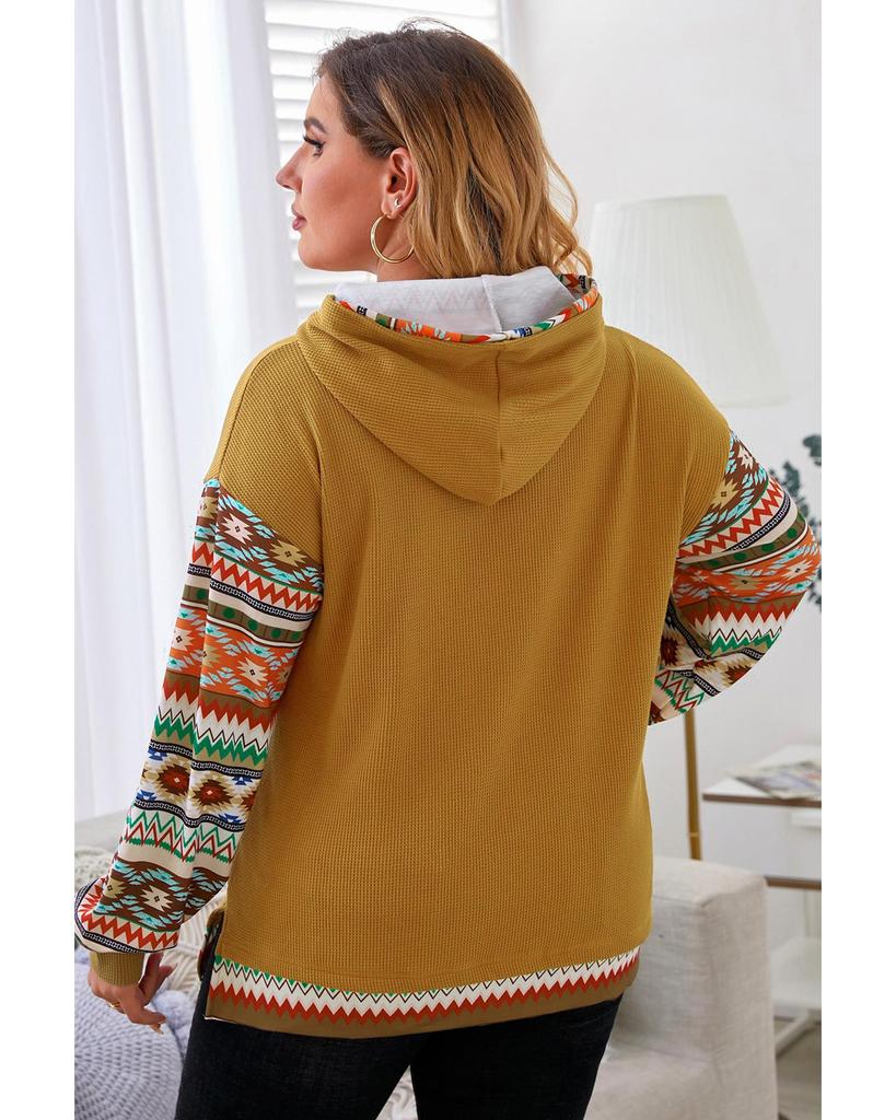 Azura Exchange Camel Aztec Patchwork Sleeve Waffle Drawstring Plus Hoodie