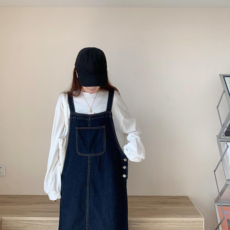 College Style Slimming Denim Jumper Dress - Korean Mid-Length, Casual & Versatile