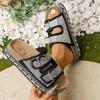 Women's Wide Width Fringe Slides, Double Buckle Platform Sandals, Rhinestone Summer Slippers for Women