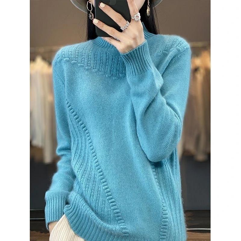 Women's Semi High Neck Thick Solid Color Sweater Pullover Casual Loose and Slimming Knitted Sweater