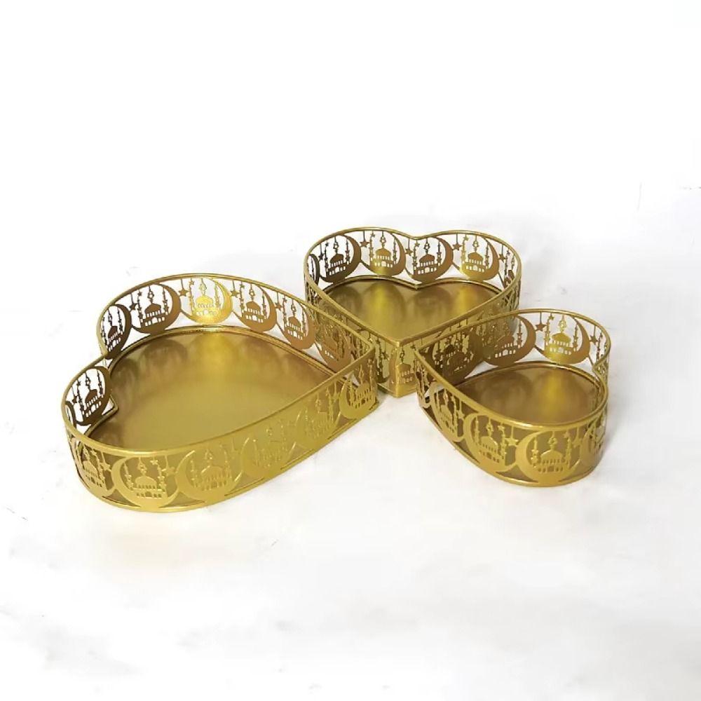 3Pcs Gold Color Ramadan Festival Art Tray Elegant Eid Candy Dish  Islamic Holidays