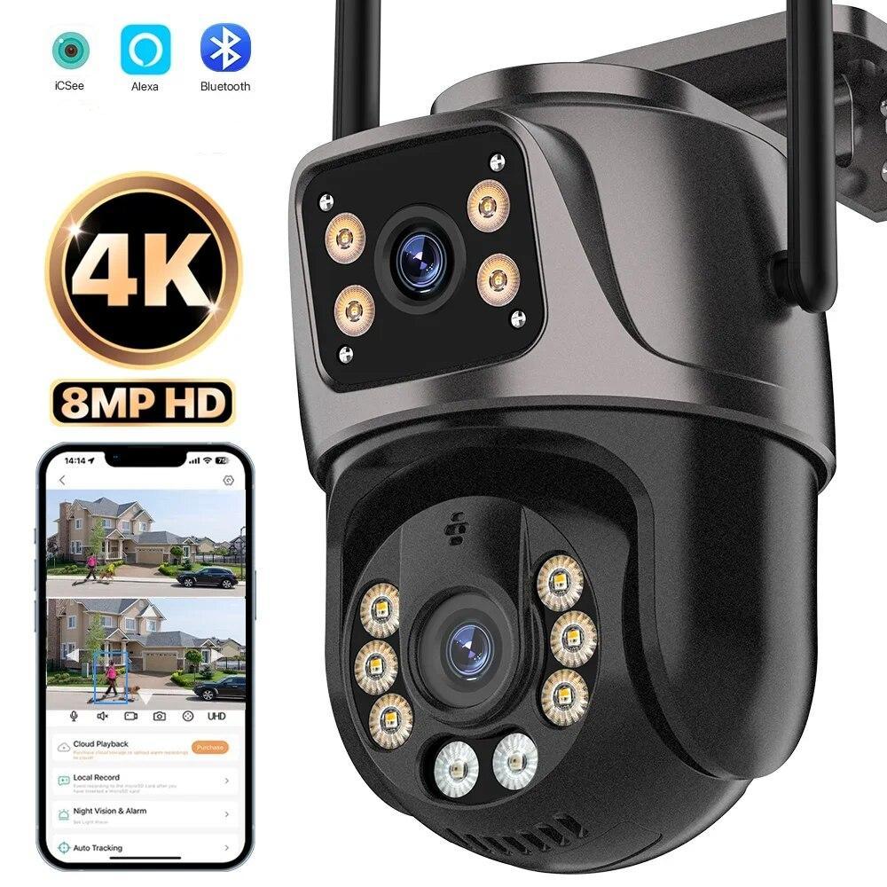 2025 Новая Wifi камера 4K 8MP PTZ Двойной объектив Двойной экран Безопасность HD IP камера Уличная водонепроницаемая AI Tracking Surveillance Onvif ICsee