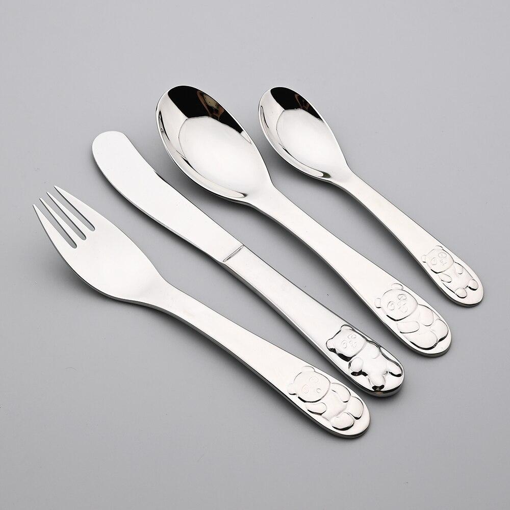 4 Pcs Silver Dinnerware Cutlery Spoon Food Feeding Fork Knife Utensils Set 304 Stainless Steel Learning Eating Panda Pattern Tableware