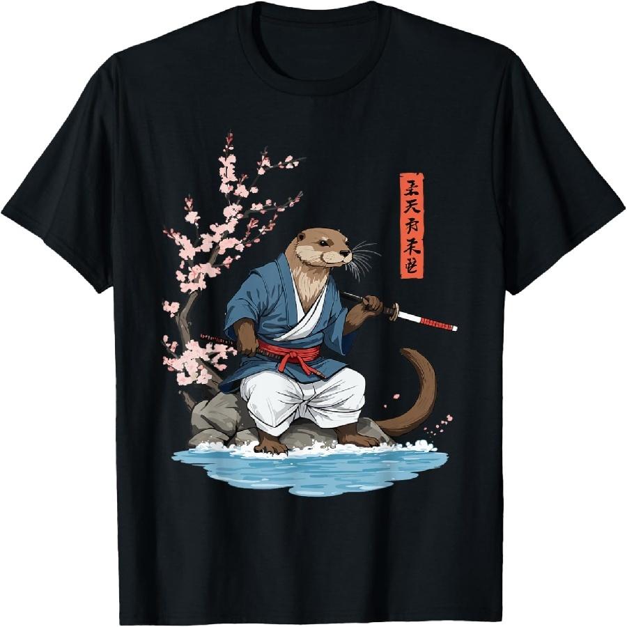 Unisex T-shirt Cute Samurai Otter with Katana Funny Ukiyo-E Artwork T-Shirt