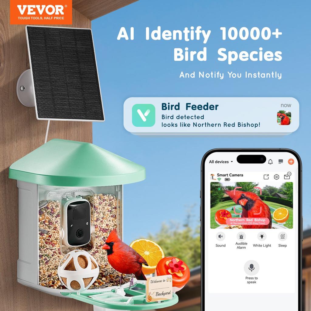 VEVOR Smart Bird Feeder with Camera, 2K HD AI Identify 10,000+ Bird Species