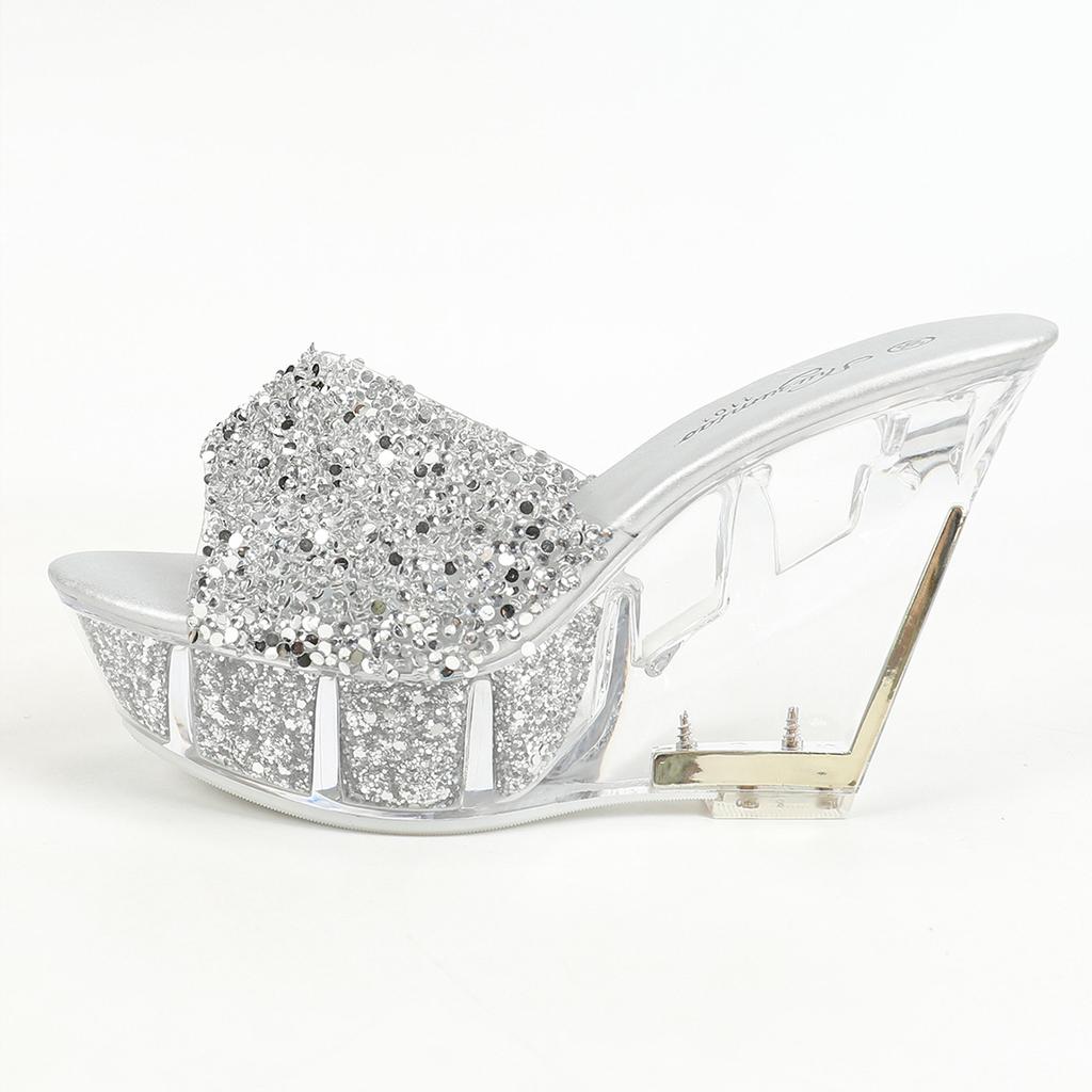 Женские трендовые женские туфли на танкетке 11 см, высокие каблуки для ночного клуба, прозрачная кристаллическая подошва с кристаллами LFD-1101-64