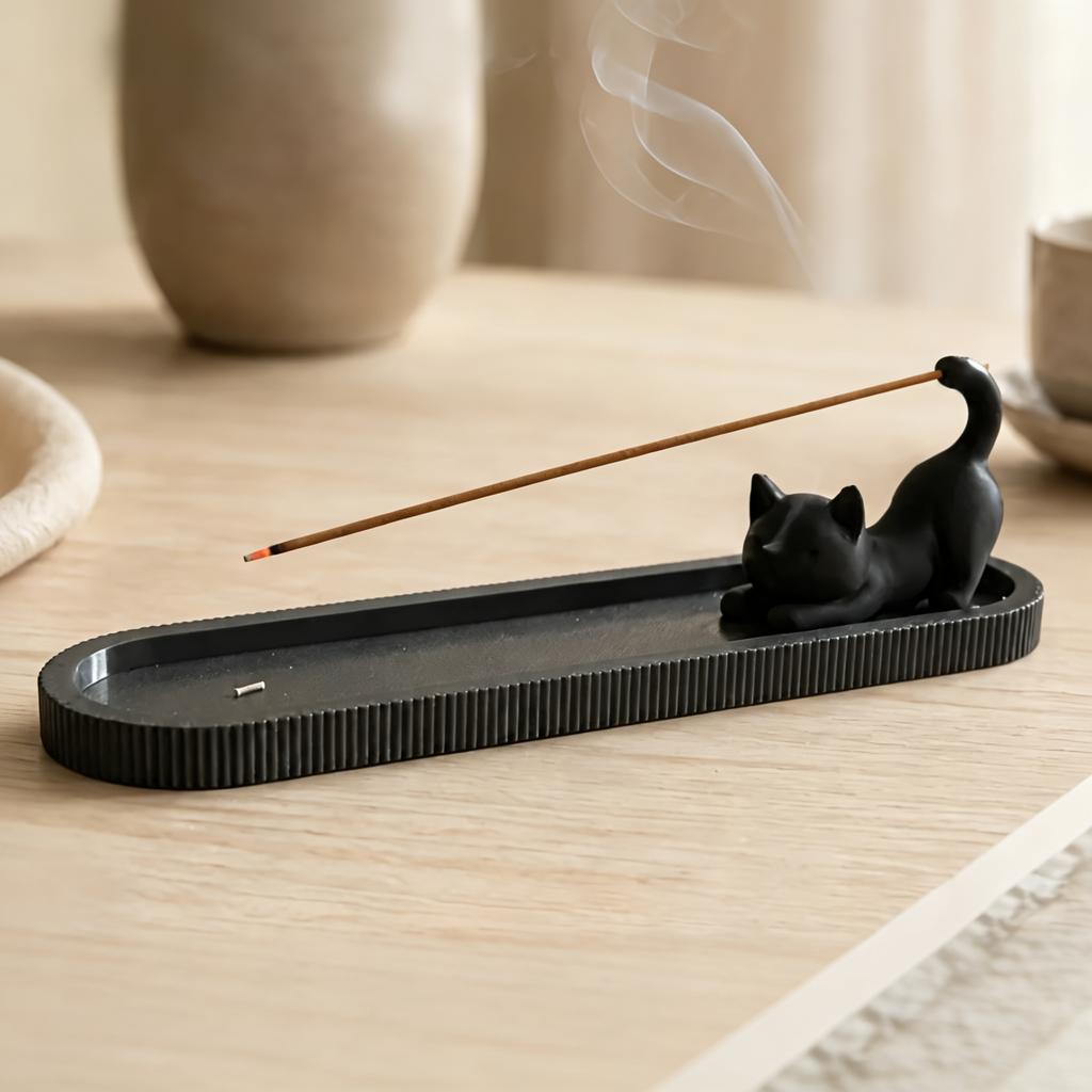Zen Style Black Cat Incense Stick Holder 3D Printed Plastic Incense Burner with Ash Catcher Funny Mobile Cat