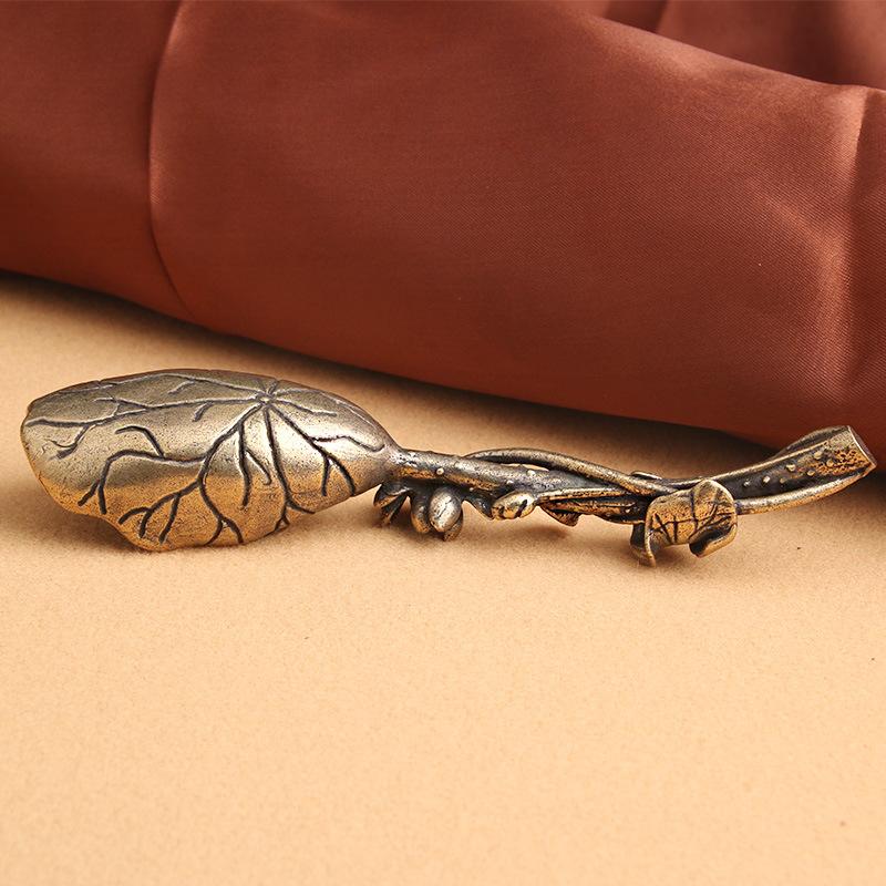 Латунь Потертый Семенной Коробочка Лотос Лист Чайная Лопатка Украшения Комбуча Ложка Антикварный Коллекционный Художественный Предмет Старая Бронза Фактор