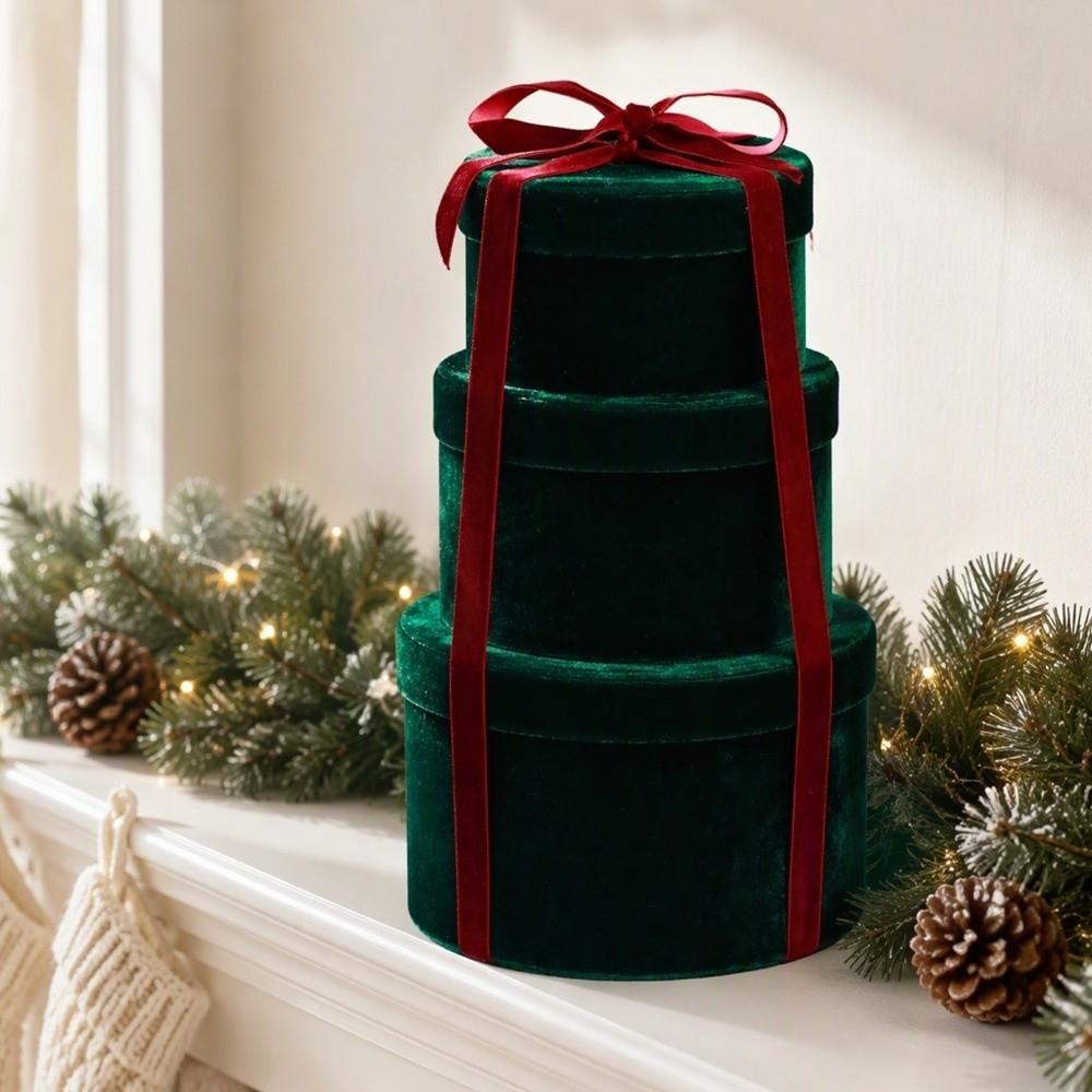 Set of 3 Assorted Size Christmas Gift Boxes Round Present Packaging Box for Wedding