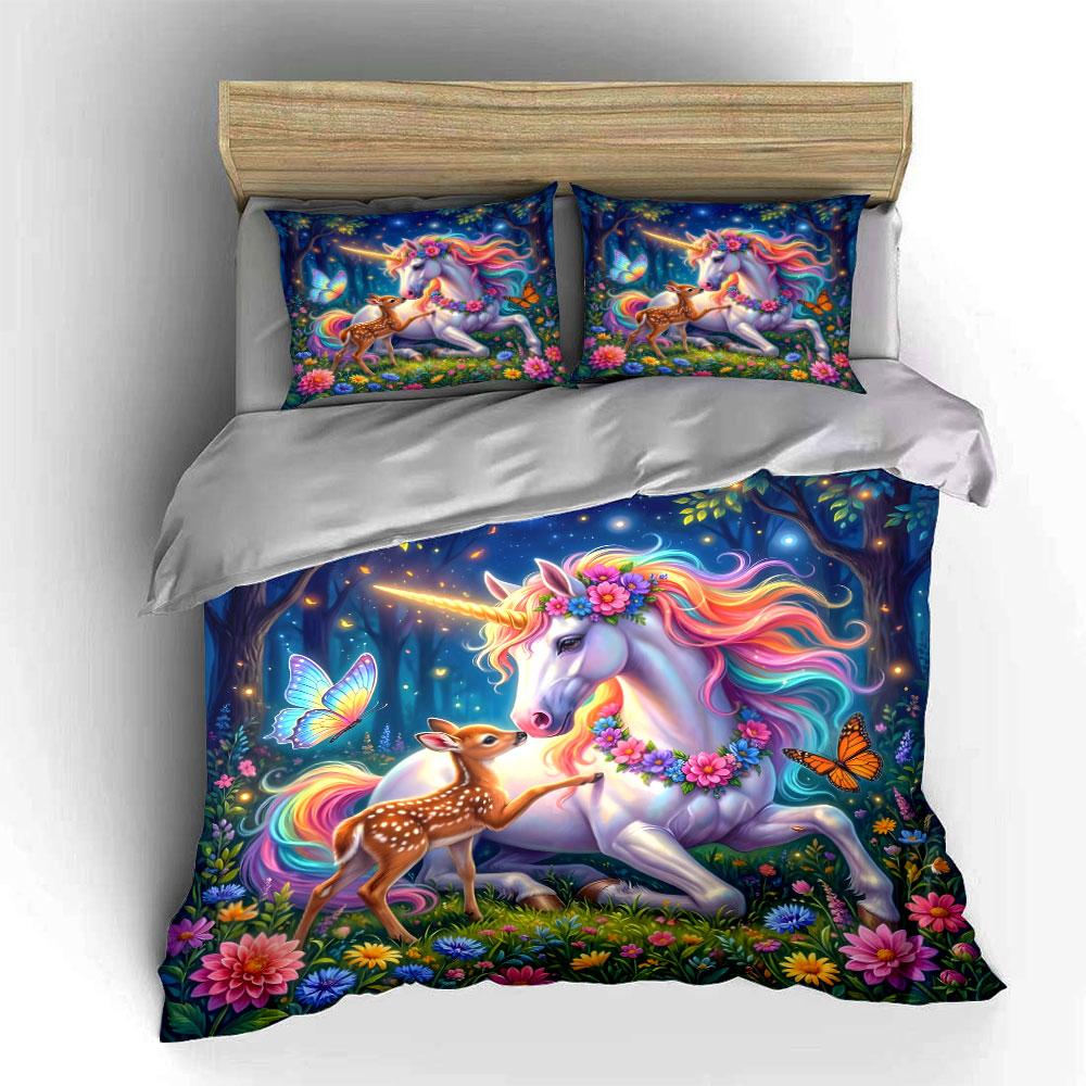 Enchanted unicorn and fawn in forest Pattern Duvet Cover Set Digital Print Colorful Polyester Bedding with Zipper Closur gifts