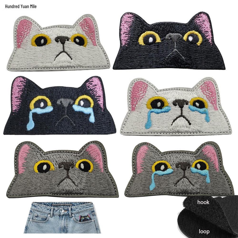 Taifeng Cute Crying Black Cat Face Embroidered Patch Velcro Badge