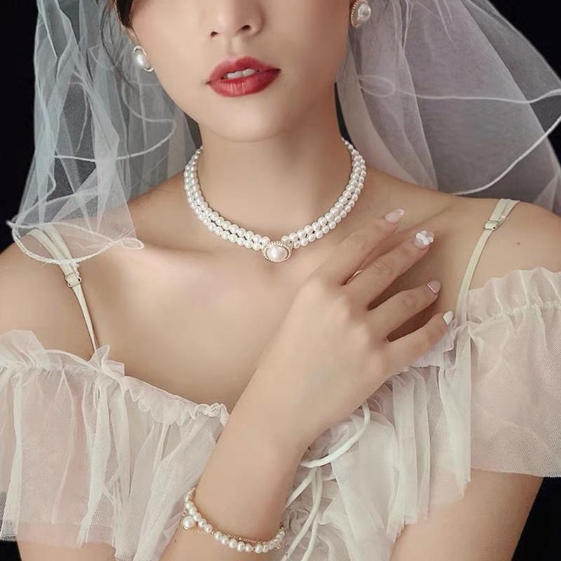 3 шт. двухслойный жемчужный кулон ожерелье серьги комплект ювелирных изделий дамы банкет свадебные украшения аксессуары подарок