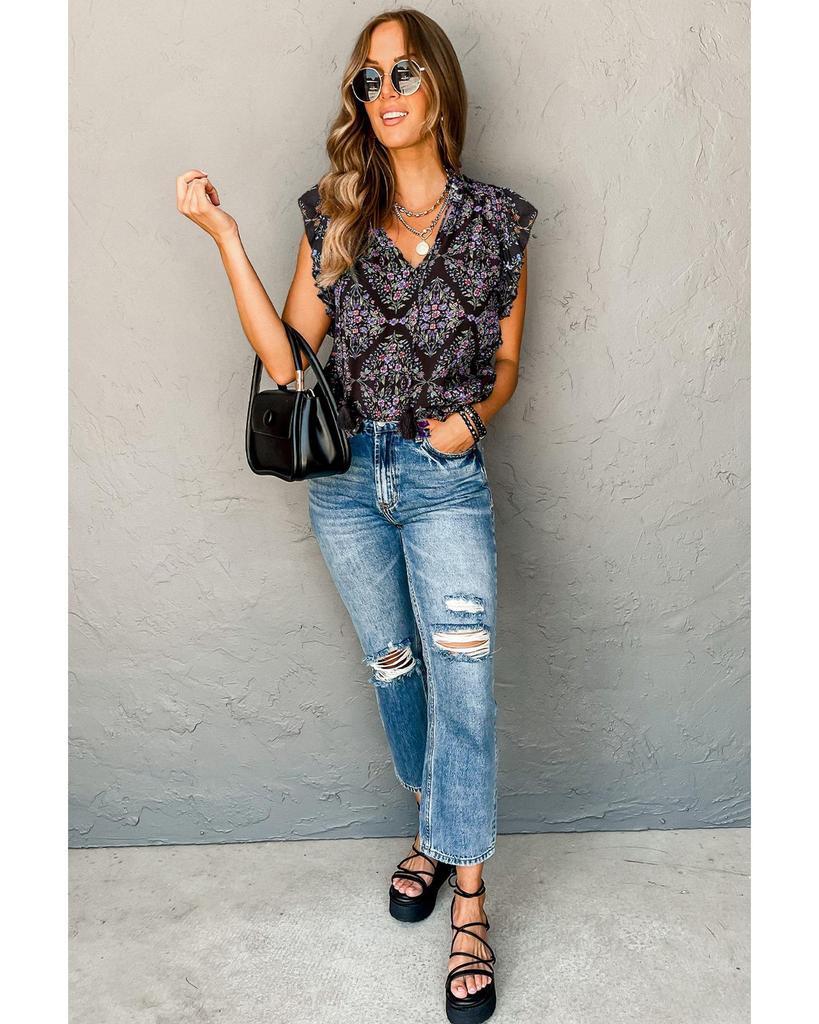 Azura Exchange Черная винтажная блузка с цветочным принтом и оборками на рукавах и V-образным вырезом