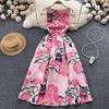 Flower Print Women Vest Midi Dress Elegant Fashion O-Neck Summer Sleeveless Slim High Waist A-Line Party Runway Tank Dress