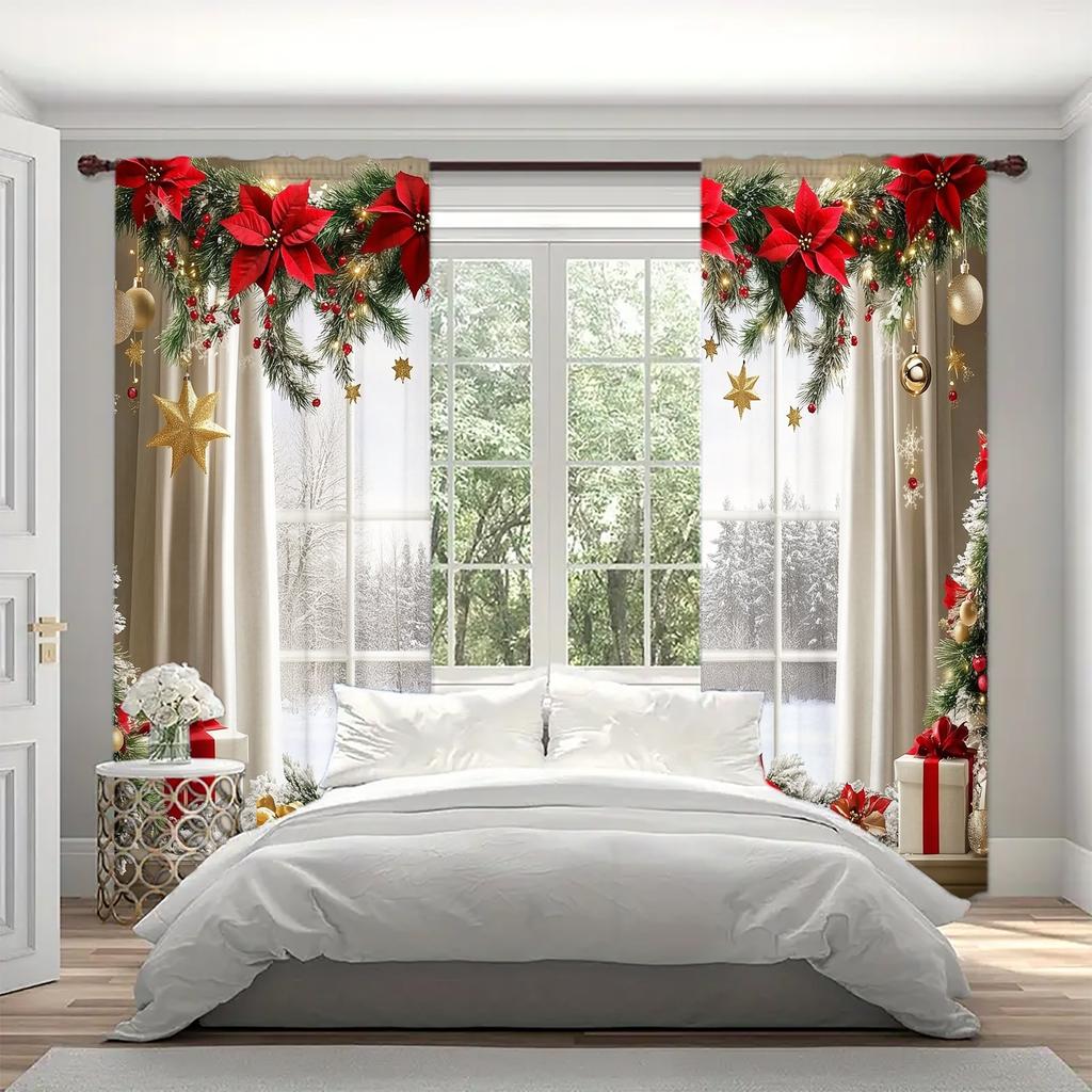 2pcs Windows with A Christm Printed Curtain for Christmas Home Decor - Rod Pocket Window Treatment for Bedroom, Office, Kitchen