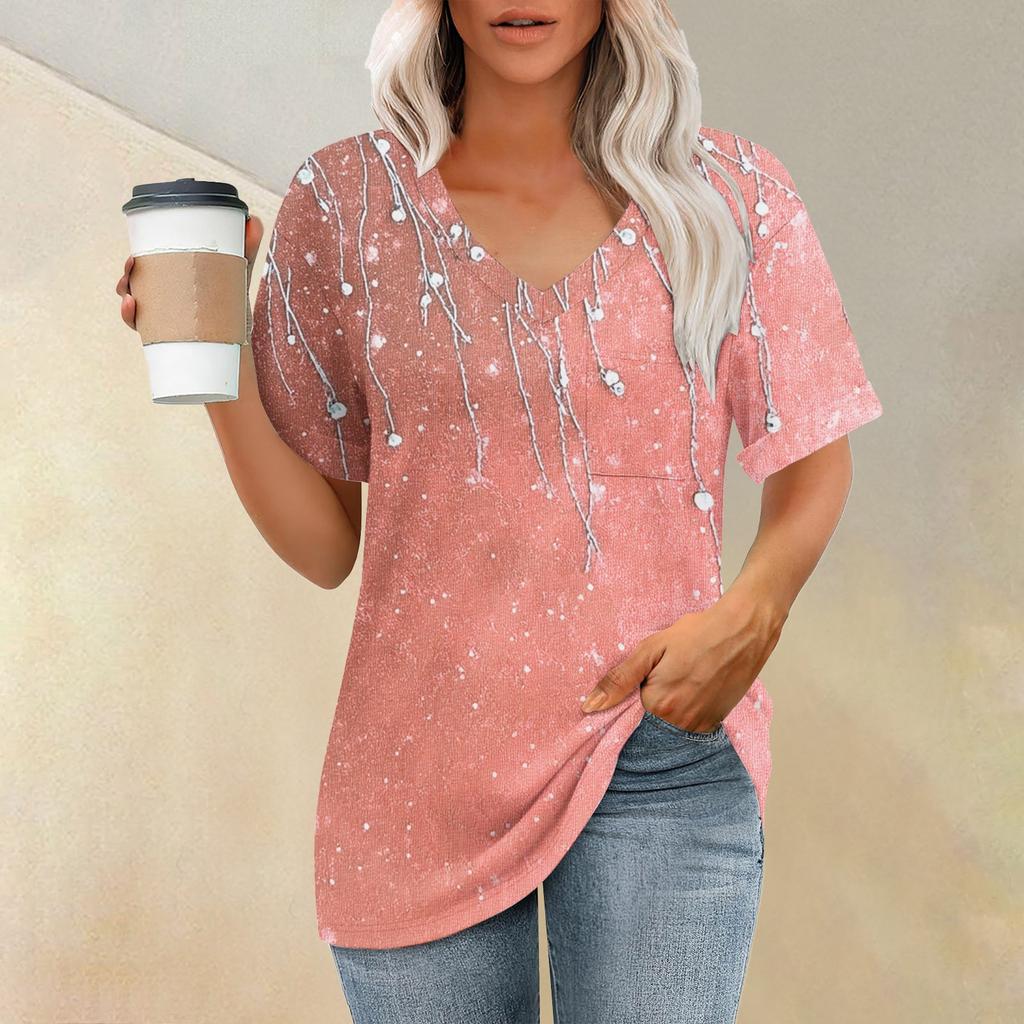 Женская модная футболка с коротким рукавом и V-образным вырезом с карманом и цветочным принтом