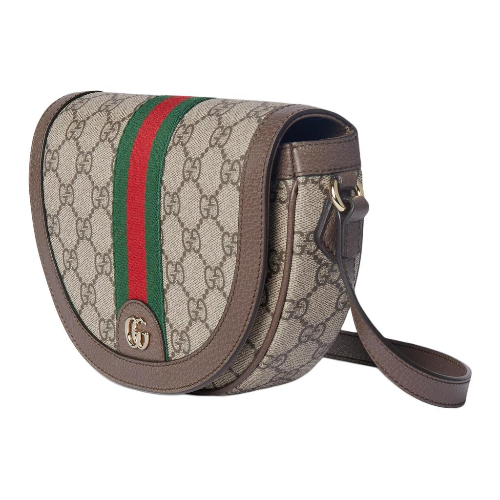 Gucci Сумка-седло Ophidia GG Supreme, Бежевый канвас, Коричневая кожаная отделка, Полоска Web, Женская сумка через плечо для повседневных поездок 838476-FAE0P-9746