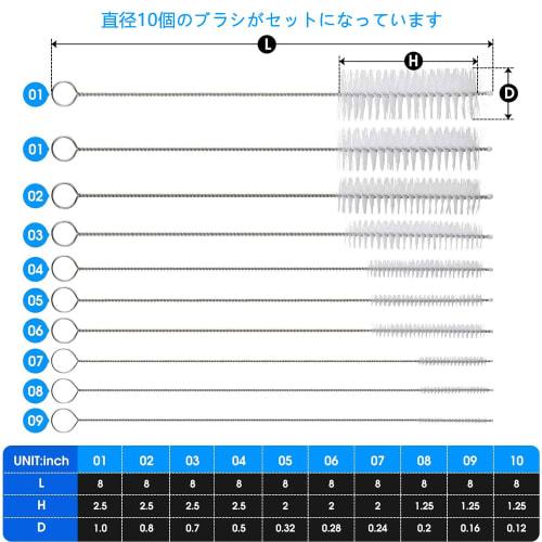 10-Piece Cup Brush Set, Ultra-Fine, for Cleaning Narrow-Nose Bottles, Straws, and Hoses, Long Tube, and Crevice Brush for Cleaning Kitchen Spouts