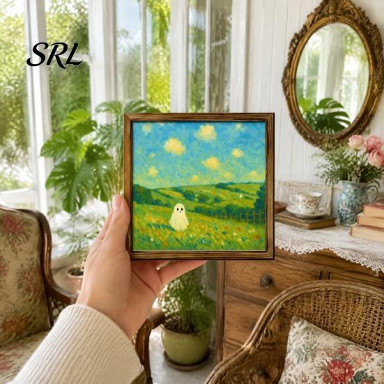 Indoor Outdoor Holiday Ornaments Halloween Ghost/Witch/Skeleton Decorative Painting, Wall Mount Square Wood Frame Rustic Witch Theme Home Decor