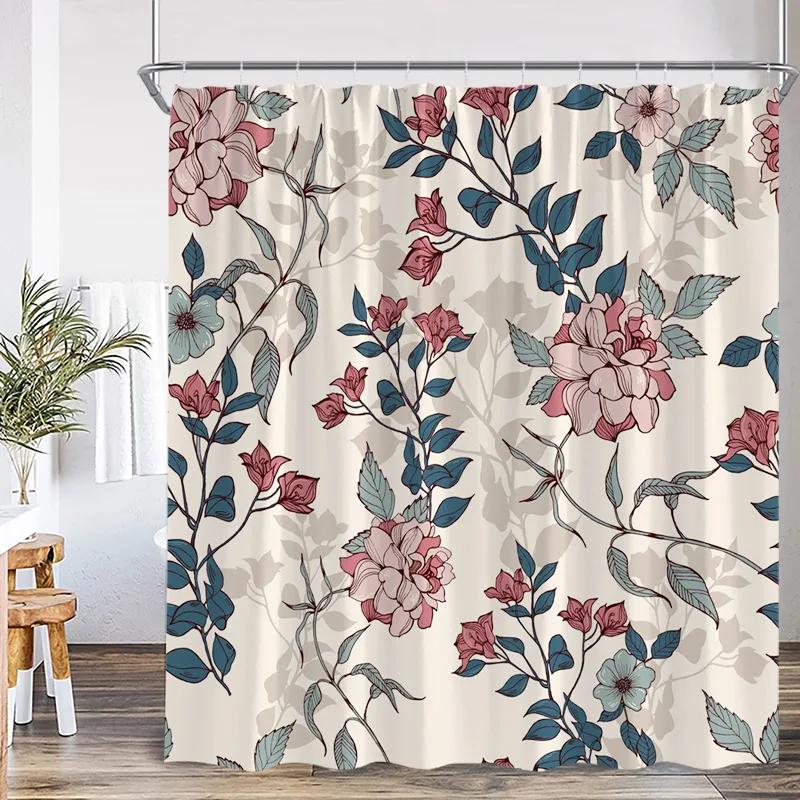 Pink Rose Floral Shower Curtains Rustic Flowers Green Leaves Modern Fabric Home Bathroom Decorative Bath Curtain Set With Hooks