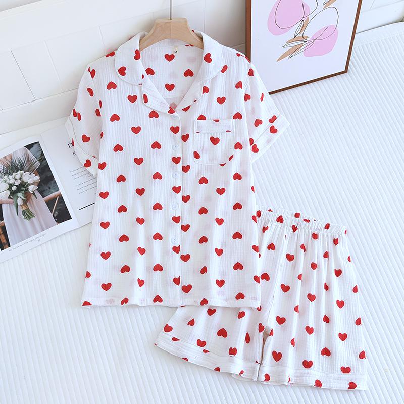 Женский летний пижамный комплект из чистого хлопка - Милый, Дышащий, с коротким рукавом и шортами