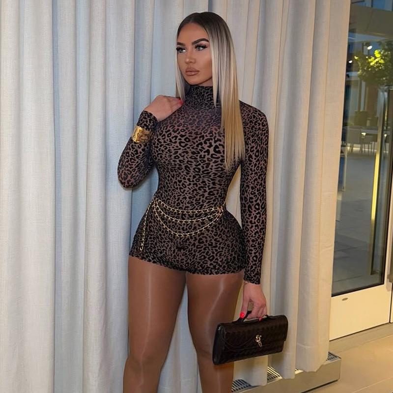Womens Sexy Leopard Print Jumpsuit Slim Fit High Waist Long Sleeve 2025