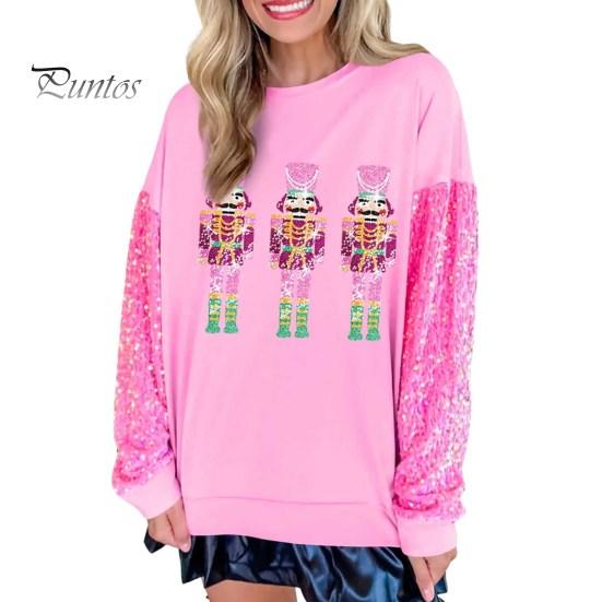 Women Christmas Sweatshirt Sequin Cartoon Pattern Round Neck Long Sleeve Loose Mid Length Pullover Party Holiday Top