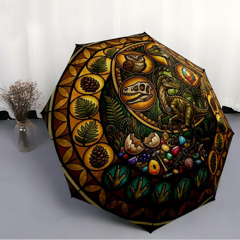 Dinosaur Glass Art pattern umbrella, portable and foldable design, 8 ribs, a casual accessory for Halloween, Christmas, and birthday gifts.