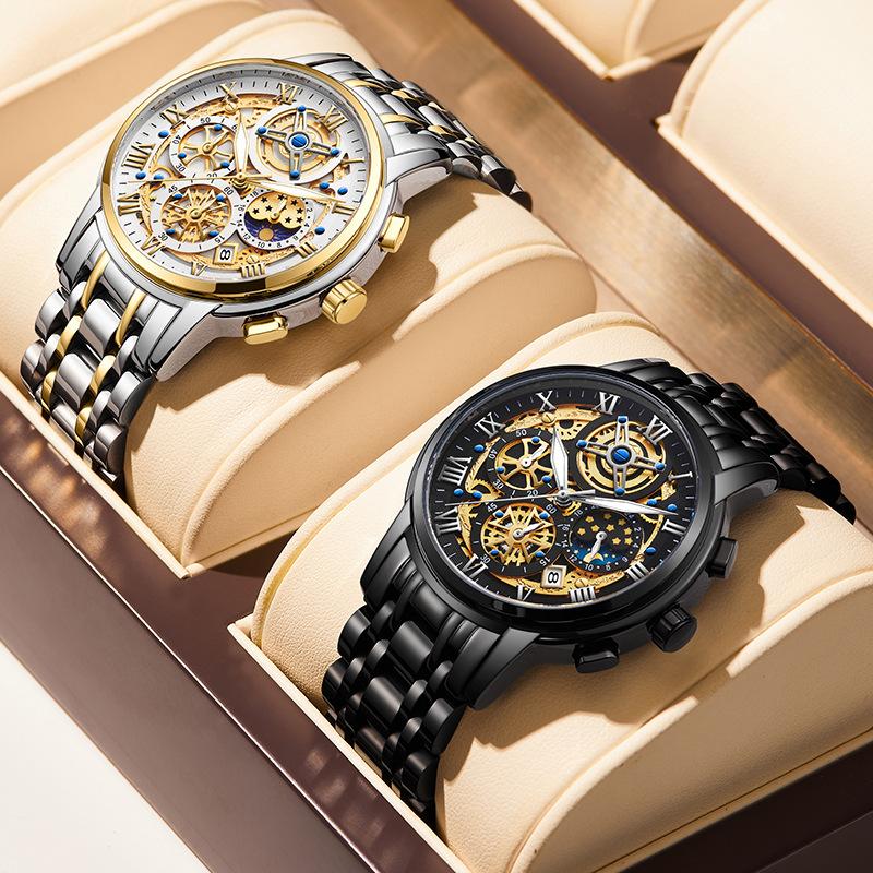 LIGE Men's Quartz Watch, Multifunctional Waterproof Wristwatch, Skeleton Concept Design, Casual Business Watch, Black