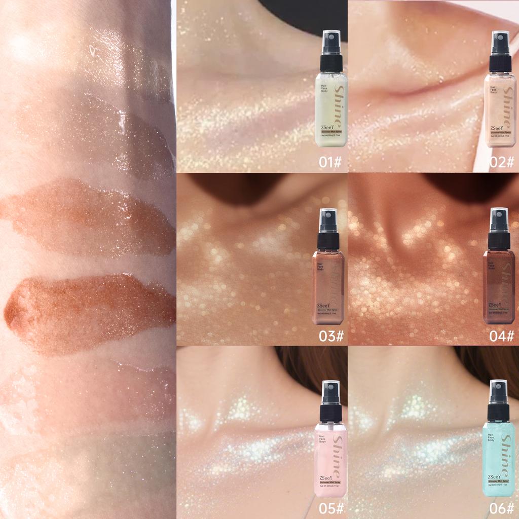Спрей жидкий хайлайтер с бриллиантовым сиянием 6 цветов - Стойкий блеск, бронзер для ключиц, высокий глянец - Мерцающий жидкий хайлайтер для лица и тела