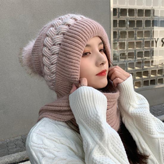 Женская зимняя шапка, вязаная толстая цветная шапка, ветрозащитная, теплая, мягкая, защита ушей, плюшевый декор, эластичная противоскользящая шапка, шарф, комбинированная женская шапка