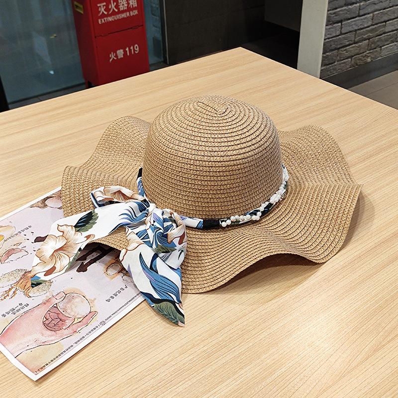 New wavy edge bow straw hat summer large brim sun protection breathable hat embryo light board hat