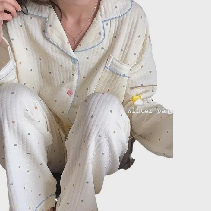 «Женский комплект пижамы TikTok осень/зима: Милый, теплый хлопковый комплект из двух частей для домашнего ношения.