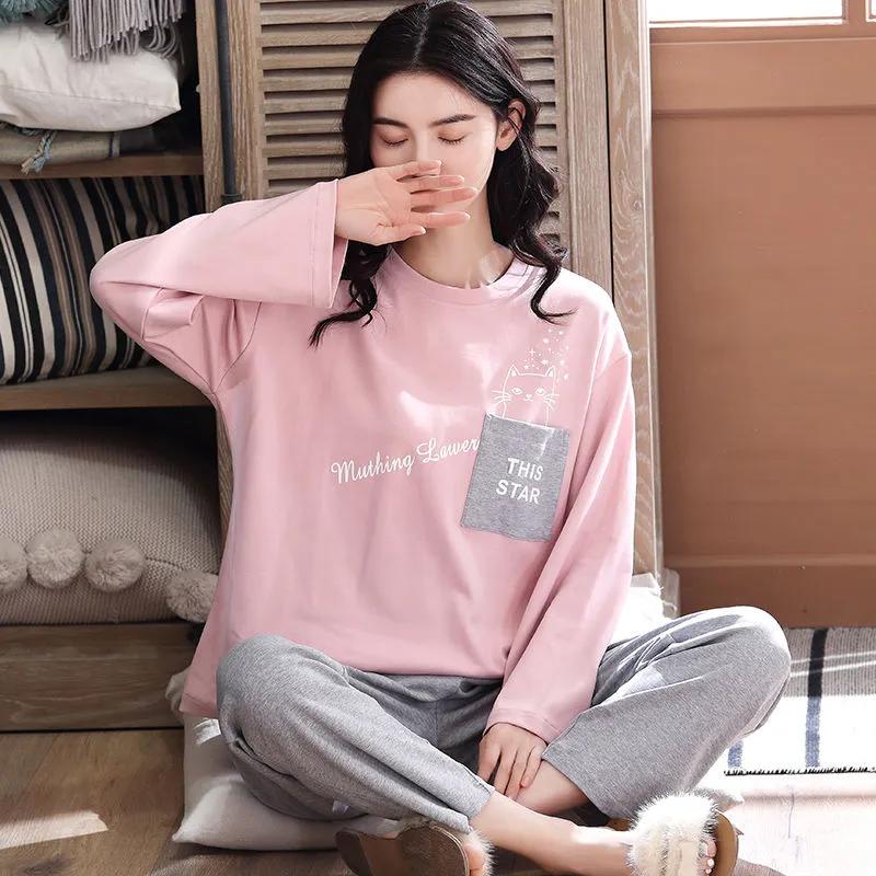 Женский хлопковый пижамный комплект, весенне-осенний пижамный комплект с длинными рукавами, милый мультфильм, зимняя домашняя одежда больших размеров, повседневный свободный пуловер с круглым вырезом, ночная рубашка