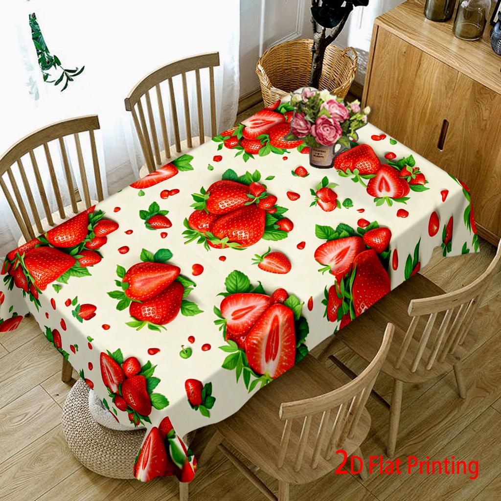 1pc Strawberry Pattern Tablecloth, Durable Polyester, Multiple Sizes Available, Light Cream Background with Red Strawberries and Green Leaves, Suitabl