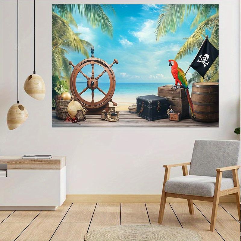 1 Pirate Treasure map background - Sea theme party banner with treasure chest parrot and wooden wheels Pirate birthday