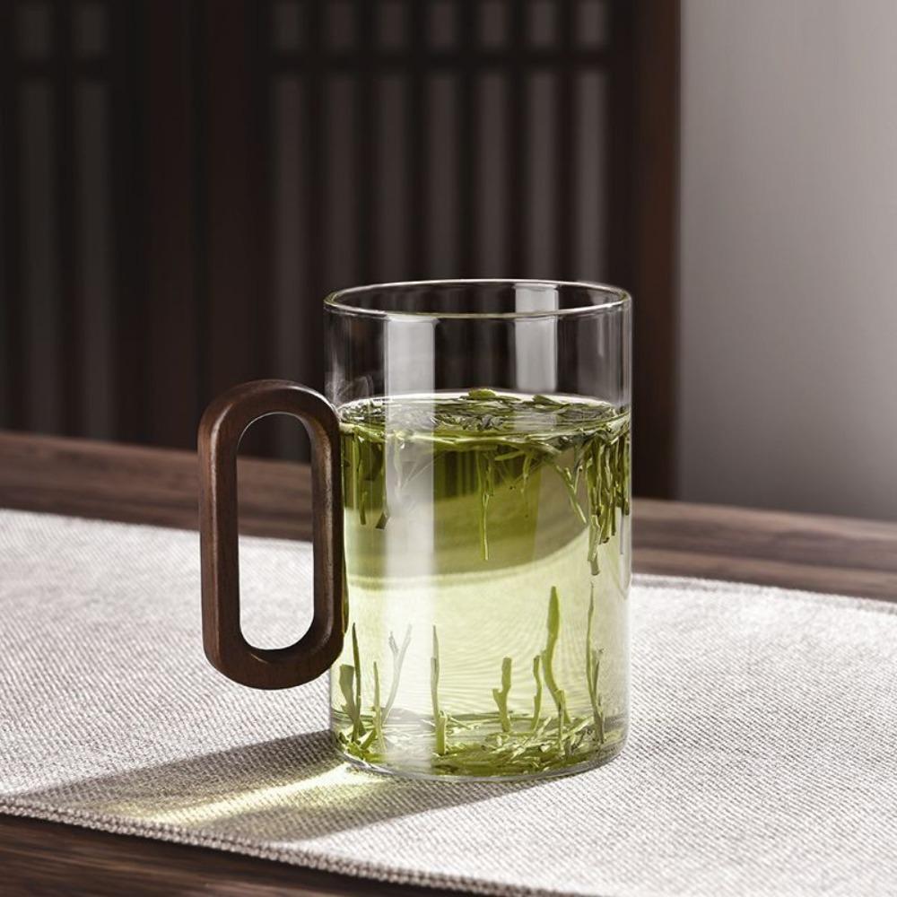 Wood Handle Drinking Glass 350ml Mug Household Glass Coffee Cup Gift