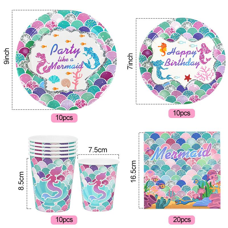 Набор одноразовой посуды для вечеринки в стиле русалки Бумажные тарелки и стаканчики на тему Русалочки для детей и девочек Украшения на день рождения Сувениры Принадлежности