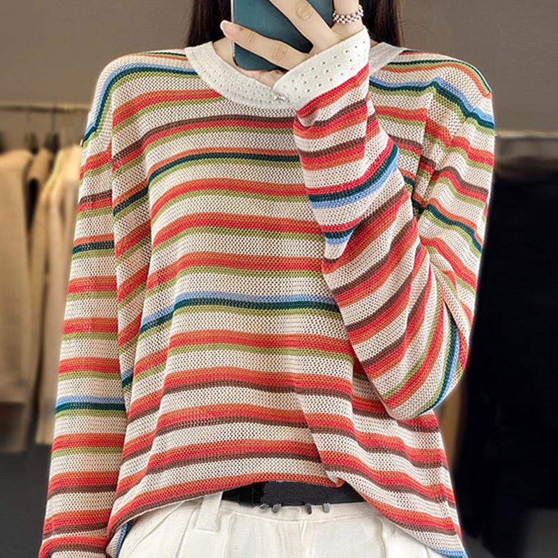 Women Sweaters Pullovers 2025 Autumn Winter Long Sleeve O-Neck Striped Knitted Sweater Women Tops Pullover JJ174