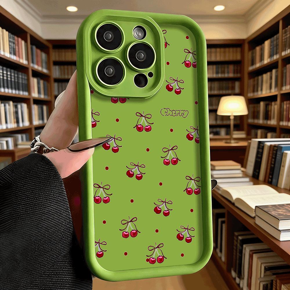 Мягкий ТПУ чехол для телефона с вишней, бантом и горошком для iPhone 17 16 15 14 13 12 11 Pro Max Plus Ударопрочный Противоскользящий Чехол