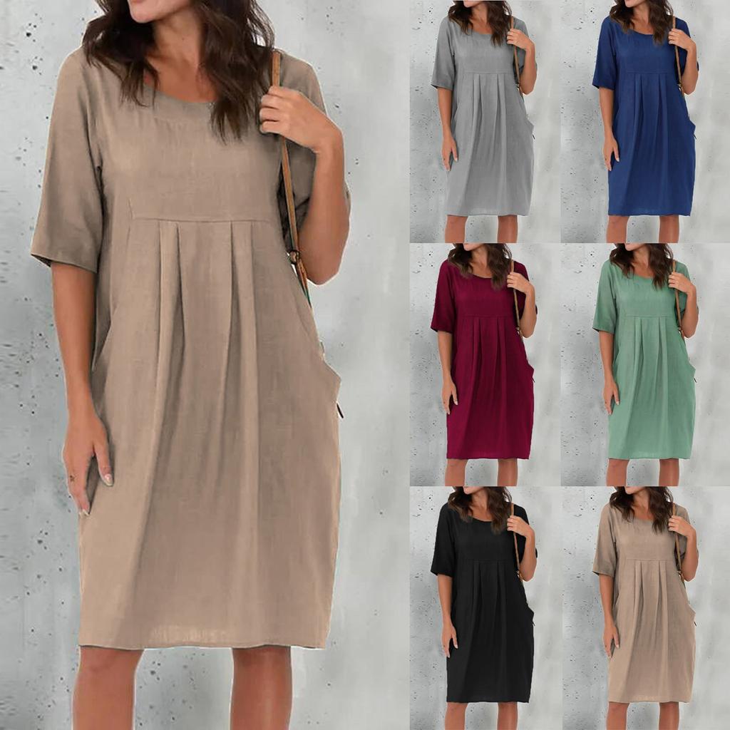 Women's Casual Loose O Neck Short Sleeve With Pockets Elegant Linen  Swing Dresses