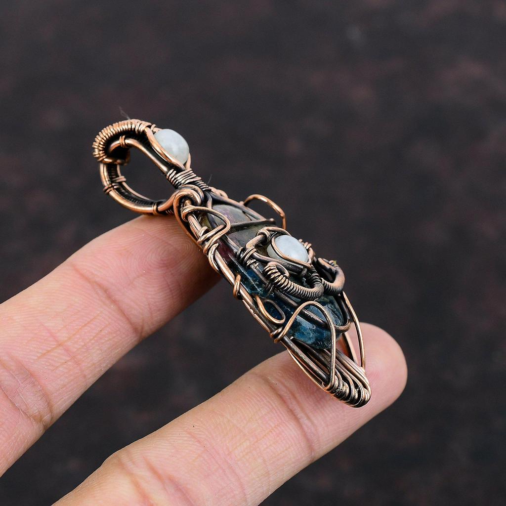 Подвеска с арбузом и турмалином от сглаза, медная проволока, кулон с драгоценным камнем, кулон с радужным лунным камнем, дизайнерские ювелирные изделия ручной работы, подарок для него