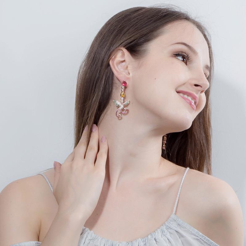 WWJ Уникальные разноцветные красные и зеленые длинные серьги-подвески с фианитами для женщин с изображением Феникса