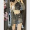 Women's American Retro Hot Girl Denim Jacket & High-Waist Skirt Set