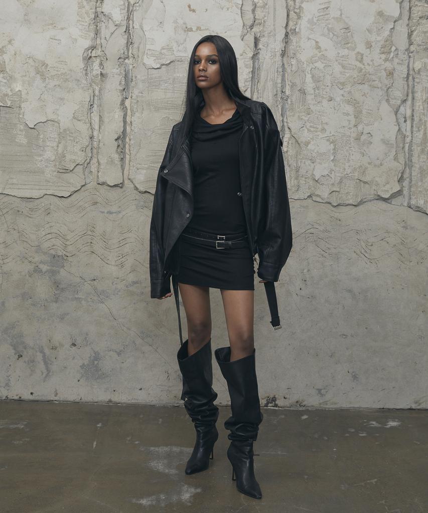 VOONT Belt High-Neck Leather Jacket (Black)