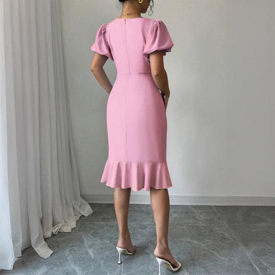 Женские облегающие платья с короткими пышными рукавами, платье миди с круглым вырезом и оборками, юбка «русалка», коктейльное платье для гостьи на свадьбу