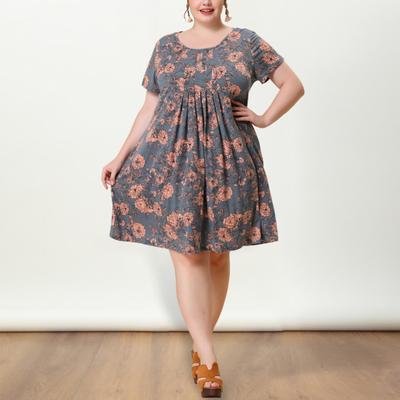 Женское платье с круглым вырезом, короткими рукавами, плиссированной деталью, короткое, с цветочным принтом, летящим подолом, свободного кроя, большого размера